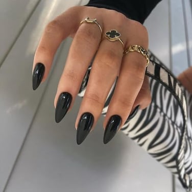 KQueenest All Black Press on Nails Medium Almond Stiletto Pure Color Acrylic Nails Reusable Fake Nails Press on Feature Protective UV Coating Short Almond Nails for Women Gift in 24 Pcs