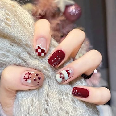 LETSWIN Red Christmas Press on Nails Short Square Glitter Elk Santa Claus Designs Fake Nails Full Cover False Nails Red White Checkerboard Nail Tip Cute Artificial Acrylic Stick on Nails for Women 24P