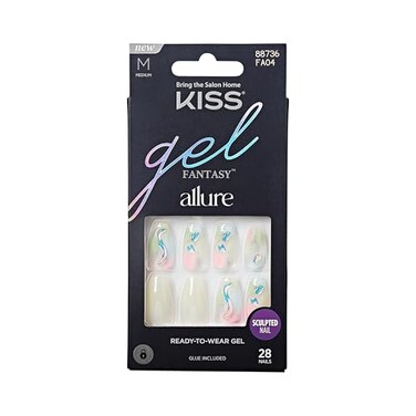 KISS Gel Fantasy Allure Press On Nails Ready to Wear 3D Design Waterproof Pink Gel Nail Glue 007 Oz 2g Manicure Stick Mini File 28 Count