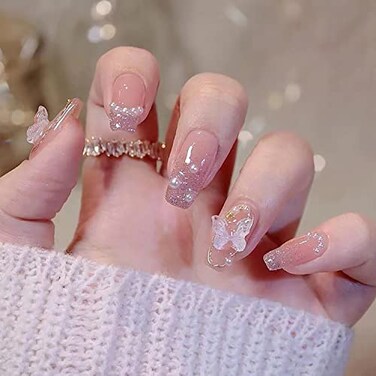 Vezocim Press On Nails Square Medium Length Artificial Acrylic Fake Nails With Butterfly Pearl Designs 24Pcs Full Cover Reusable Coffin False Nails Set Stick On Nails For Nail Art