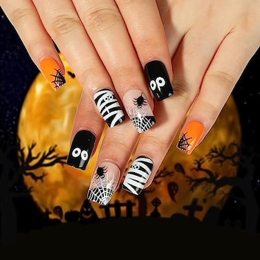 Vezocim Halloween Press on Nails Medium Coffin Shape 24Pcs Artificial Full Cover Glossy Fake Nails for Day of the Dead Glue on Nails with Spider Designs Holiday Acrylic Fingernails False Nails for Wom