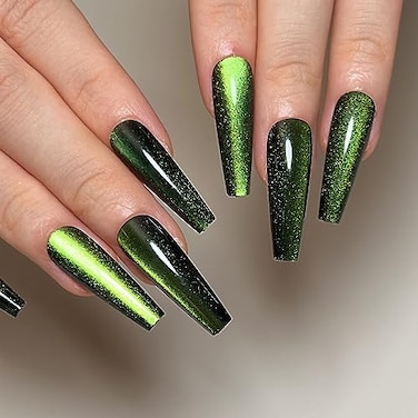 KKUUOO Green Press on Nails Long Coffin Fake Nails Gradient False Nails with Glitter Designs Glossy Acrylic Nails Full Cover Reusable Stick on Nails Jelly 24 Pieces