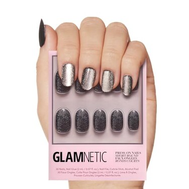 Glamnetic Press On Nails Galactic Short Round Gunmetal Pewter Glittered Fake Nails with a Glaze Finish 12 Sizes 30 Nail Kit with Glue