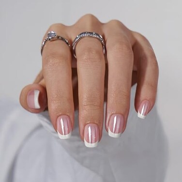 BTArtbox Press on Nails Short White French Tip Press On Nails Square Chrome Glazed Glue On Nails Stick On Nails in 15 Sizes 30 Soft Gel Fake Nail Kit Be Elegant