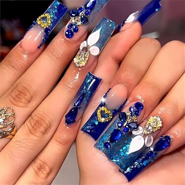 QQPPOLIU Royal Blue Press on Nails Long Length Square Shape Acrylic Fake Nails with Rhinestones Designs False Nails MotherS Day Gift 24pcs