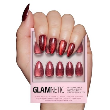 Glamnetic Press On Nails Ruby Slipper Deep Red Sparkly Short Almond Fake Nails with a Velvet Finish Salon Quality 15 Sizes 30 Nail Kit with Glue