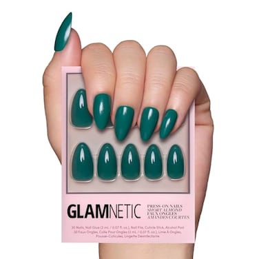 Glamnetic Press On Nails Emerald Green Opaque Cool Tone Deep Emerald Green Short Almond Fake Nails Salon Quality 15 Sizes 30 Nail Kit