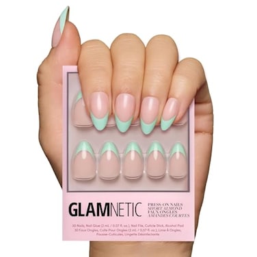 Glamnetic Press On Nails Pistachio Crme Short Almond Fake Nails with Mint Blue French Tips and Glossy Finish Salon Quality 15 Sizes 30 Nail Kit with Glue