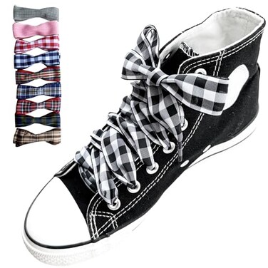 Goodlace 1 Inch Wide Fantastic Flat Checkered Shoelaces Fabric Ribbon Plaid Shoe Laces for Sneaker Sport Shoes 4755 Inch No1 Black 47In120cm