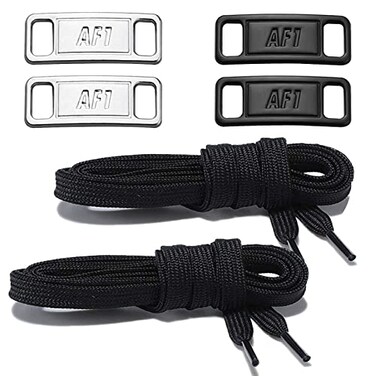 NDTEZUGT 2 Pair Flat Shoelaces 3672 Length Replacement Laces for Air Force 1with 2 Pair Shoe Lace Charms for AF1 Sneakers 516 Wide Shoe Strings Replacement for Jordans 1 Black 54138cm