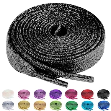Olukssck 2 Pairs Flat Glitter Shiny Metallic Shoe Laces for Sneakers 25 Wide Sequin Athletic Shoelaces Black 55 inch140cm
