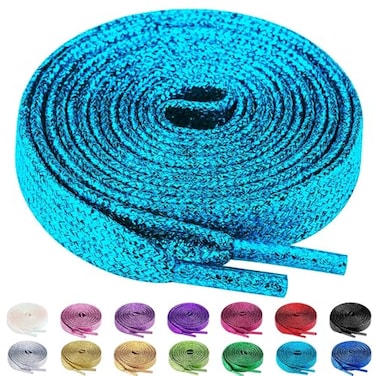 Olukssck 2 Pairs Flat Glitter Shiny Metallic Shoe Laces for Sneakers 25 Wide Sequin Athletic Shoelaces Blue 47 inch120cm