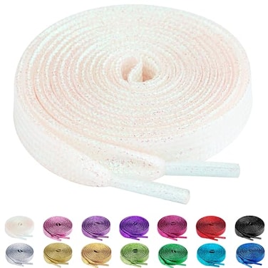 Olukssck 2 Pairs Flat Glitter Shiny Metallic Shoe Laces for Sneakers 25 Wide Sequin Athletic Shoelaces White 47 inch120cm