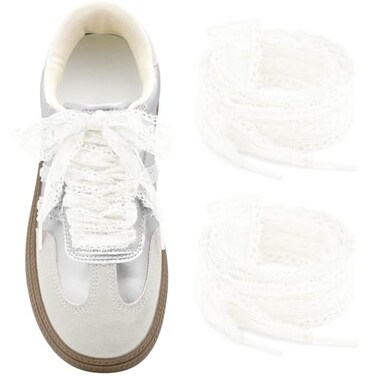 WEGOODZF Flat Lace Shoelaces for Women 2 Pairs 23 CM Wide 47 Inch White Lacy Fancy Shoe Laces
