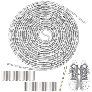 ZYNERY 87 Yards Rhinestones Rope Laces with 20 pcs Aglets for Shoelaces Silver Rhinestone Glitter Shoe Laces for Sneakers Dress Hoodie String Replacement DIY Crafts