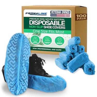 FRONTLINE Frontline Disposable Shoe Covers NonSlip Premium NonWoven Durable Booties Shoe Protectors Water Resistant Thick AntiSlip One Size Fits Most Indoor Use 100 Pack