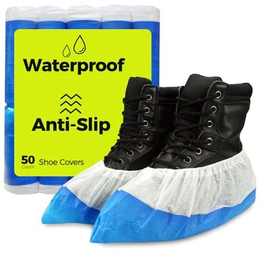 SupplyTuff Heavy Duty Shoe Covers Disposable Non Slip Waterproof 50 Pack Double Layer Bottom Extra Heavy Duty Durable Booties One Size Fits Most