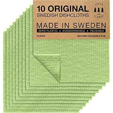 SUPERSCANDI 10 Pack Swedish Dishcloths for Kitchen 100 Biodegradable Compostable Reusable Paper Towels Washable FoodSafe Without Plastic Dish Rags Suitable for Any Surface Apple Green