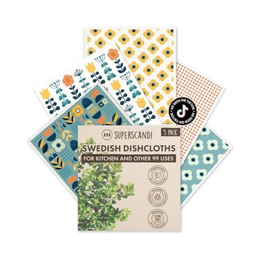 SUPERSCANDI 5 Pack Swedish Dishcloths for Kitchen 100 Biodegradable Compostable Reusable Paper Towels Washable FoodSafe Without Plastic Dish Rags Suitable for Any Surface Scandi Design