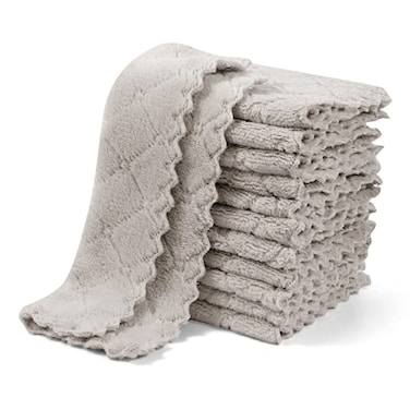 UMANI 12 Pack Kitchen Dish Cloths Ultra Soft Absorbent Quick Drying Dish Towels Nonstick Oil Microfiber Cleaning Cloth Machine Washable Coral Fleece Cleaning Rags Grey