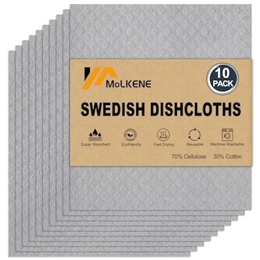MoLKENE Swedish Dishcloths for Kitchen 10 Pack Absorbent Cellulose Sponge Cloths Washable NonScratch Reusable Paper Towels Quick Drying Cleaning Rag Grey