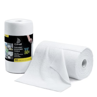 LIVOS Microfiber Cleaning Cloth Roll 80 Pack Reusable Paper Towels White Tear Away Microfiber Towels for Car Super Absorbent Lint Free Cleaning Rags for House KitchenWindow 115x115