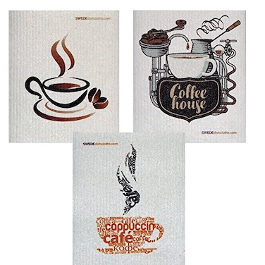 SWEDEdishcloths Mixed Coffee Set of 3 Cloths one of Each Design Swedish Dishcloths ECO Friendly Absorbent Cleaning Cloth Reusable Cleaning Wipes