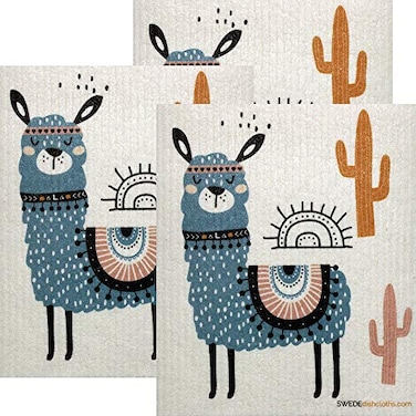 SWEDEdishcloths Cellulose Sponge Dish Towels Set of 3 Blue Llama Swedish Dish Cloths
