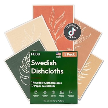 FEBU Swedish Dishcloths for Kitchen 5 Pack Floral Reusable Paper Towels Washable Swedish Dish Towels NonScratch Cellulose Sponge Cloths No Odor Biodegradable Cleaning Cloths