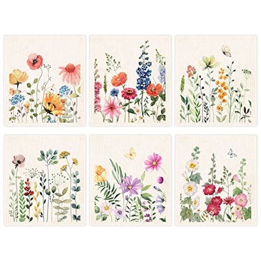 Morigins Wildflowers Butterflies Swedish Kitchen Dishcloths Reusable Sponge Cleaning Cloths Absorbent Dish Cloth Quick Drying Washable Cleaning Wipes 6pcs