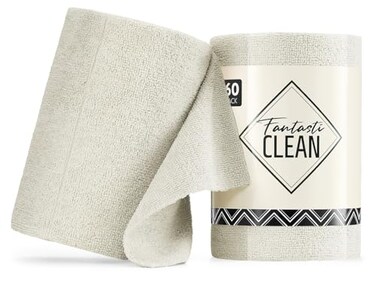 Fantasticlean Microfiber Cleaning Cloth Roll 60 Pack Tear Away Paperless Towels 8 x 8 Reusable Washable Rags for House Kitchen Pet Office Indoor Outdoor Compact and Portable OffWhite