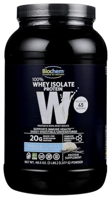 Biochem 100 Whey Isolate Protein Powder Vanilla Flavor 20g GrassFed Protein Keto Friendly Gluten Free Easily Digestible Vegetarian 485 oz 45 Servings
