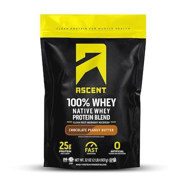 Ascent 100 Whey Protein Powder Post Workout Whey Protein Isolate Zero Artificial Flavors Sweeteners Gluten Free 55g BCAA 26g Leucine Essential Amino Acids Chocolate Peanut Butter 2 lb