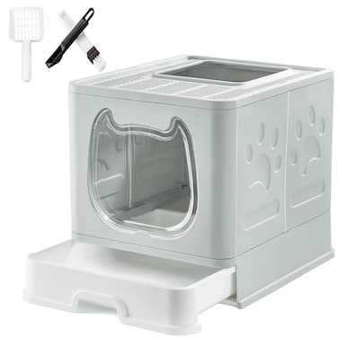 Gefryco Litter Box with Lid for Small to Medium Cats Enclosed Cat Litter Box with CoverHigh Sided Top Entry Cat Box with Brush and Scoop Cute Kitty Litter Pan with Drawer for Growing KittensGrey