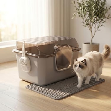 Oneluck Large Cat Litter Box with Lid and Sifting Mat 24 Inch High Sided Enclosed Cat Litterbox for Indoor Cats Translucent Hooded Design for Easy Cleaning Extra Thick Plastic