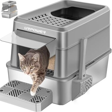 URPOWER Stainless Steel Cat Litter Box with Lid Extra Large Enclosed Litter Box NonSticky Metal Pan with High Sided Scoop Odor Free Front Top Entry AntiLeakage Easy Cleaning