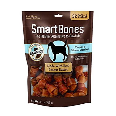 SmartBones Mini Bones With Real Peanut Butter RawhideFree Chews For Dogs 32 Count