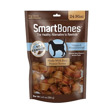 SmartBones Mini Chews With Real Peanut Butter 24 Count RawhideFree Chews For Dogs Packaging May Vary