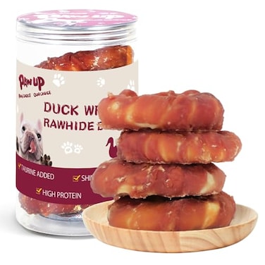 PAWUP Duck Dog Chews Donut Rawhide Treat Long Lasting Rawhide Ring Natural wTaurine 125oz
