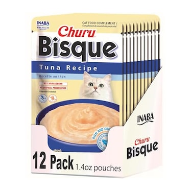 INABA Churu Bisque for Cats Creamy Lickable Pure Side Dish with Vitamin E 14 Ounces per Pouch 12 Pouches Tuna Recipe