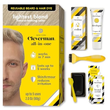 CLEVERMAN Reusable Hair Beard Dye for Men Lightest Blond Up to 5 Uses 7 Minutes Natural Gray Coverage NoDrip Cream with SkinArmour Cleverman