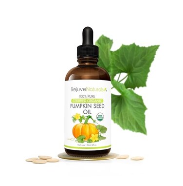 RejuveNaturals Organic Pumpkin Seed Oil LARGE 4OZ Bottle USDA 100 Pure Cold Pressed Boost Hair Growth for Eyelashes Eyebrows Hair Overactive Bladder Control for Men Women Moisturizer
