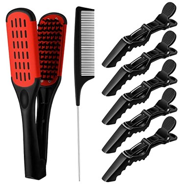 Honeydak Double Brush Boar Bristle Clamp Comb with Alligator Clips Rat Tail Comb for Hair Styling Red Black