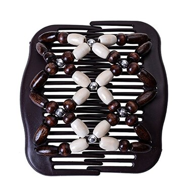 LOVEF Women Magic Hair Combs Wood Beaded Stretch Double Side Combs Clips Bun Maker Hair Accessories Beige