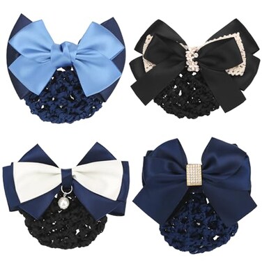 kilofly 4pc Womens TwoWay Snood Net Bow Barrette Hair Clip Bun Cover Set
