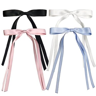 SALOCY Hair Clips 4 PCS Hair Bow Clips for Women Girls with Long Tail Tassel Ribbon Bowknot Hair Accessories Satin Hair Clips for Hair Design Black White Pink Blue