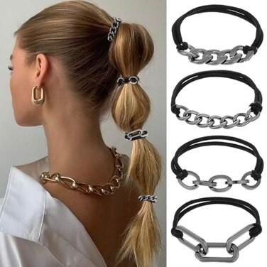 AOZUO 4Pcs Black Hair Bracelet Metal Elastic Hair Bands Ponytail Holder Hairs Accessories Elastic Rubber Hairband Haircuffs for Thick Thin Curly Trendy Gold Bead Jewelry GiftBlack