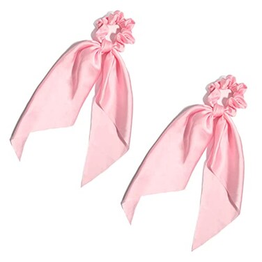 LFOUVRE Pack of 2 Knotted Bow Hair Scrunchies Elastic Hair Scarf Black Hair Ties Bands Satin Hair Ribbon Scrunchy Red Ponytail Holder for Women and Girls Light pink