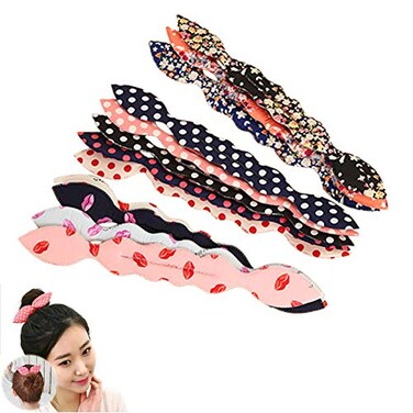 LOVEF 6Pcs Womens Korean Magic Cute Rabbit Bunny Ear Sponge Hair Styling Tools Polka Dot Bow Bun Maker Curler Twist for Ponytail