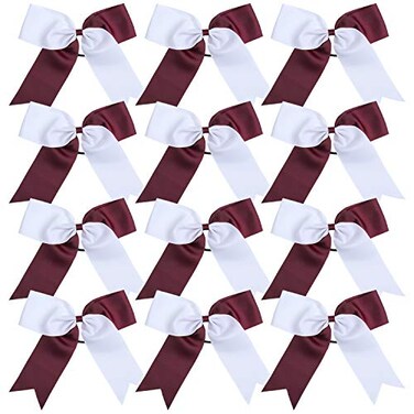 ICObuty Cheerleading Bow Jumbo Cheer Bows 12 Pcs 7 Inch Ponytail Holder Cheerleader Bows Hair Tie MaroonWhite